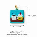 Square turquoise enamel pendant featuring coffee cupcake motif and dimension markings - Coffee Cake Pendant