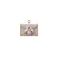 Close-up of a French luxury envelope pendant with a purple iris flower and blue gem. - Iris Envelope Pendant / Gold