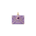Detail view of a purple enamel envelope pendant with celestial star and moon motifs. - Purple Moon Envelope Pendant / Gold