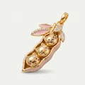 Detail shot of golden pea pod pendant with three cute cats and pink enamel details. - Pea Pendant