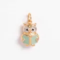 Detailed enamel gold owl pendant reading a light green book for DIY charm jewelry - Owl Pendant (MTPK260414OI) / Gold