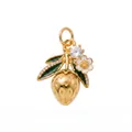 Close-up of a golden strawberry pendant featuring green enamel leaves and sparkling crystals. - Gold Metal Strawberry Pendant