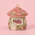 Whimsical ceramic mushroom house pendant featuring cute hedgehog and berry patterns. - Hedgehog's Mushroom House Pendant