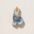 Close-up detail of a blue enamel rabbit pendant charm with a gold bow and yellow eyes. - Bunny Pendant