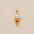 Detail shot of a gold-plated ice cream cone pendant with a white pearl and red heart. - Heart Cone Pendant