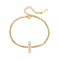 Detailed macro view of a gold-plated titanium steel bracelet with two zircons - Cuban Chain Double Water Drop Rhinestone Style / Gold