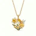 Close-up detail of golden fairy necklace with enamel flowers and yellow gemstone - March Daffodil Necklace