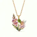Intricate detail of a fairy tale enamel flower fairy necklace with green gemstone - August Gladiolus Necklace