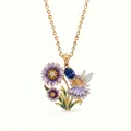 Detailed view of gold necklace featuring enamel flower fairy pendant with blue gemstone - September Purple Daisy Necklace