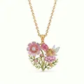 Exquisite enamel flower fairy necklace featuring pink cosmos and gemstone detail - October Pink Cosmos Necklace
