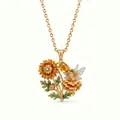 Close-up of enamel flower fairy necklace with vibrant orange blooms and iridescent wings - November Chrysanthemum Necklace
