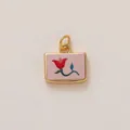 Gold rectangular pendant with pink enamel and red tulip flower motif for necklaces. - Curved Branch Flower