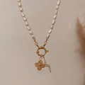 Collier de perles élégant avec breloques trèfle doré et éclair, bijoux style ins - Chaîne de Perles à Fermoir Marin (Sans Pendentif) 40+5cm