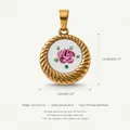Detail view of 18K gold plated stainless steel pendant with a delicate rose flower painting - Fan-Shaped Rose Style (No. 1) / 18.6x16mm / Gold
