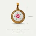 Detailed view of the rose enamel pendant with dimensions and stainless steel specs - Round Rose Style (No. 3) / 18.8x16.1mm / Gold