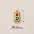 Minimalist rectangular copper enamel pendant with red flower design and dimensions - Little Red Flower Pendant