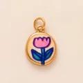 Hand-painted pink tulip flower oil drop pendant with a polished gold-toned circular frame. - Pink Flower Pendant