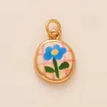 Round gold-plated charm featuring a blue flower on a pink checkered enamel background - Small Blue Flower Pendant
