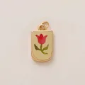 Dopamine-style gold-tone pendant with red tulip enamel design on cream background - Bent Red Flower