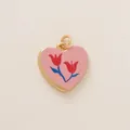 Heart-shaped pink enamel tulip flower pendant charm with gold-plated border for jewelry - Double Branch Red Flower