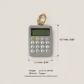 Detailed macro view of a grey calculator charm pendant with dimensions and weight info - Calculator No. 8 Pendant (Without Chain)