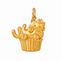 Detail view of a 3D golden cat pendant sitting in a cupcake base, cute design. - Cat on Cupcake Mother and Child Pendant