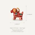 Detailed view of red patterned dog charm pendant with dimensions and copper material info - Square Dog