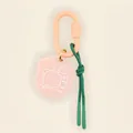 Close-up of retro TV charm keychain with pink carabiner and green rope strap - Vintage TV / Nude Pink/Pink/Dark Green