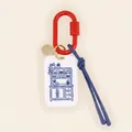 Detailed view of a minimalist keychain with house-themed charm and blue cord. - Retro Storage Cabinet / Red/White/Gold/Dark Blue
