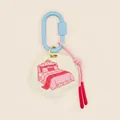 Close-up of a cloud-shaped keychain pendant featuring a red line drawing of a bed motif - Sky Blue/Pink/Creamy White