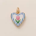 Detailed macro view of gold-plated heart pendant with blue stripes and pink tulip - Blue Stripe Tulip Heart Pendant Only (Without Chain)