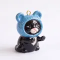 Detail of a cute ceramic black cat charm wearing a blue bear hat for DIY jewelry - Pendant Only / Blue Bear Cat Pendant