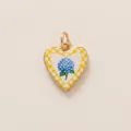 Detail view of heart-shaped pendant featuring a blue hydrangea and yellow checkered pattern - Yellow Edge Blue Hydrangea Heart Pendant Only (Without Chain)