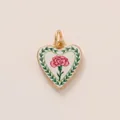 Detailed heart-shaped enamel pendant featuring a pink carnation and green wreath design - Green Leaf Carnation Heart Pendant Only (Without Chain)