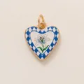 Detail of a heart-shaped pendant with lily flower and blue checkered pattern - Blue Check Lily Heart Pendant Only (Without Chain)