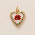 Macro view of heart-shaped gold-plated pendant with red poppy flower and vine border - Green Leaf Poppy Heart Pendant Only (Without Chain)