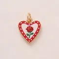 Close-up of heart-shaped copper pendant with red rose illustration and polka dot border - Red Edge Rose Heart Pendant Only (Without Chain)