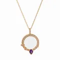Close-up of circular gold pendant necklace with clear crystal, pave diamonds and purple amethyst - Round Amethyst Transparent Photo Box Necklace