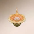 Detailed view of gold flower pendant with orange enamel and pearl cluster center - August Calendula Pendant Only (Without Chain)