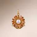 Detailed view of an elegant gold-plated enamel flower pendant with white pearls. - October Marigold Pendant Only (Without Chain)