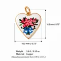 Detailed macro view of heart flower pendant showing dimensions, weight, and material - 6 Roses; Gold-rimmed Pendant