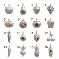 Selection of 16 silver-toned fruit and vegetable pendants with colorful zircon stones - Pomegranate Pendant (No.6) / Colorful