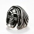 Close-up of vintage titanium steel skull ring with distressed finish punk style - US 8 / Turban Grim Reaper Skull Style (05308)