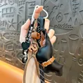 Handmade retro black leather dog keychain with heart charm and brown braided rope - French Bulldog / Black