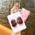 Pink plush keychain with plaid bow and portable folding makeup mirror - Bowknot Folding Mirror Pendant / Pink