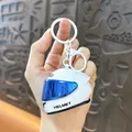 Portachiavi mini casco da moto bianco con visiera blu e luce LED integrata ad alta luminosità - Ciondolo Casco Colorato (Non Luminoso) / Bianco
