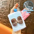 Creative light blue plush keychain mirror with a stylish brown plaid bow decoration - Bowknot Folding Mirror Pendant / Blue