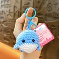 Handmade blue and white crocheted whale keychain pendant with cute pink tag decoration - Blue