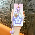 Cute purple alloy cherry blossom keychain with braided rope, pearl beads and silver bell - Flower Pendant / Purple