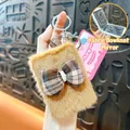 Plush brown keychain with plaid bowtie, portable folding mirror for handbag charm - Bowknot Folding Mirror Pendant / Brown